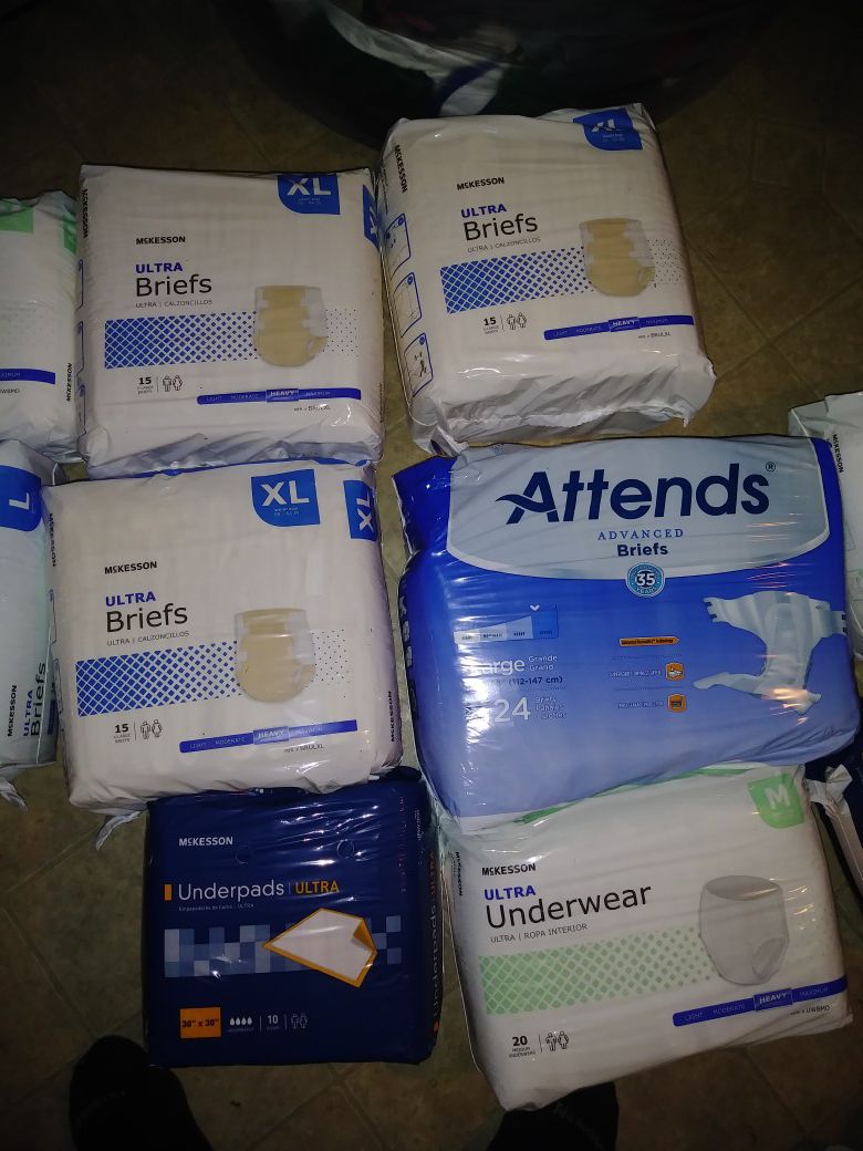 Adult diapers, pull ups, gloves, bed lines, mouth sponges, a pack of wipes and toiletries