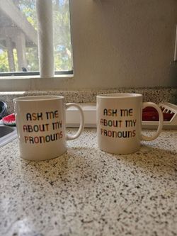 "Ask me about my pronouns" mugs