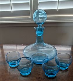 Teal Decanter and 4 Glasses