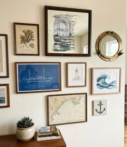 Vintage MCM 70’s Nautical Watercolor Painting on Mirror Gallery Wall Decor