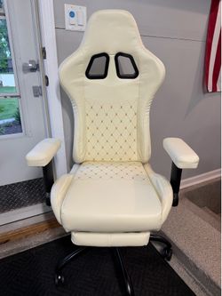 Brand New Beige w/Gold Stitch Tall Back Reclining Gaming Chair w/Slide Out Footrest