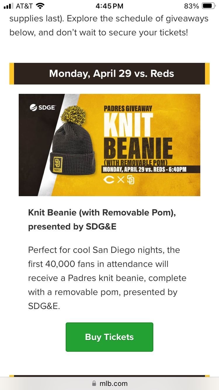 Padres tickets Monday 4/29 Beanie Giveaway