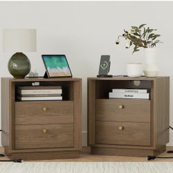 Nightstand Set of 2 with Charging Station Walnut