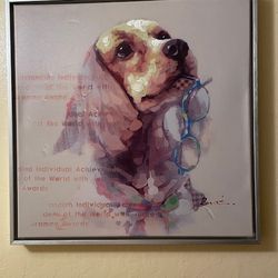 Dog With Glasses Wall Painting Oil On Canvas 18”x18” Aluminum Frame