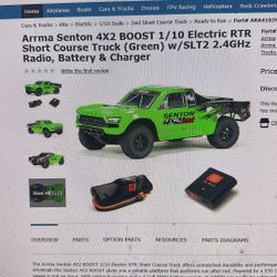 Arms Senton 4x2 Boost 1/10 Electric RTR Short Course Truck  Green W/SLT2 2.4GHz Radio Battery & Charger 