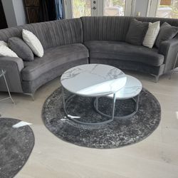 Gray Couch and White/Gray Tables