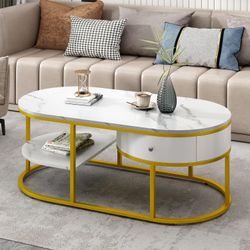 42" White Gold Modern Deco Coffee Table w/ Drawer & Shelf [NEW] **Assembly Required 