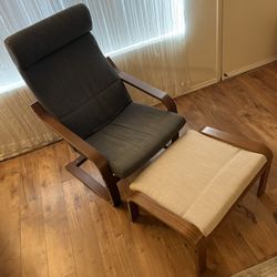 IKEA POANG Chair with Hillared Anthracite Cushion ($250) + POÄNG Ottoman with Hillared Beige Cushion ($120)