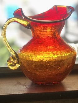 VTG Blenko Amberina Tangerine Crackle Glass Pitcher Mid Century Hand Blown 6 1/2