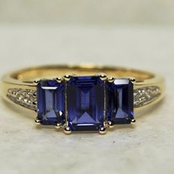 “THL” Lab Created Blue Sapphire&Diamond Accent Ring In 10K Yellow Gold Size 4-1/2