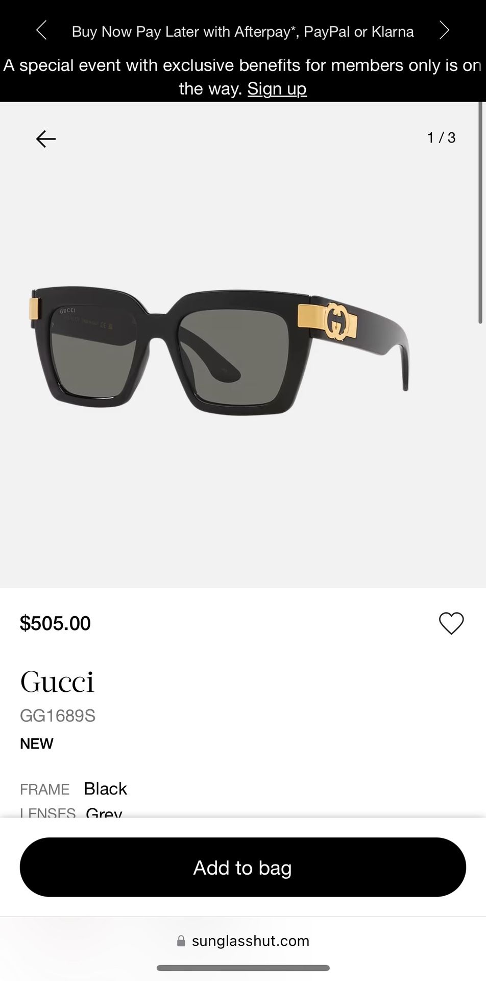 Gucci Mens Sunglasses GG1689S Black And Gold