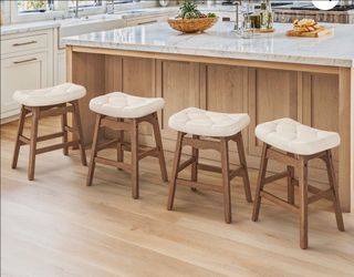 Graves Series Set of 4 Counter-Height Bar Stools (24 Inches), PU Leather Upholstered Saddle-Style Seat with Solid Rubberwood Legs for Kitchen Island, 