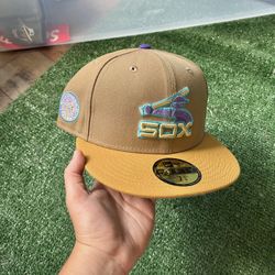 RARE Exclusive Two Tone SOLD OUT White Sox 59fifty New Era Fitted Tan Khaki Wheat Brown Hat with Blue Teal UV
