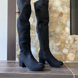 Back Lace Up Mid Faux suede Block Heel Over The Knee Thigh High Boot round toe