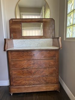 Antique 19th Century Burl Wood Dresser With 4 Drawers Marble Bar Top And Mirror