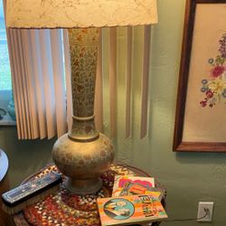 Vintage  Brass  Lamp, Heavy   Boho Hippie  Exotic Painted 21 Inches Tall