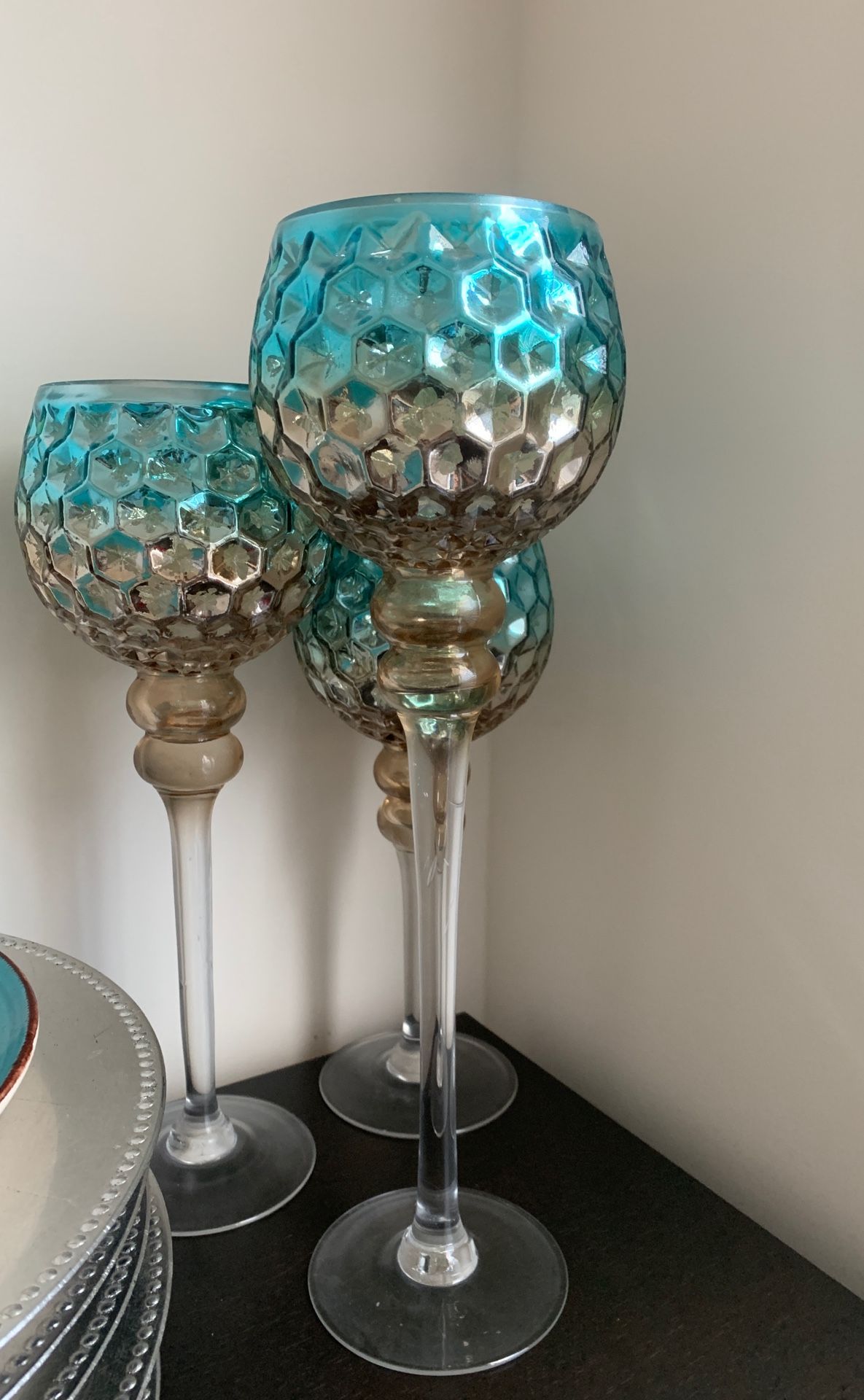3 turquoise and gold candle holders