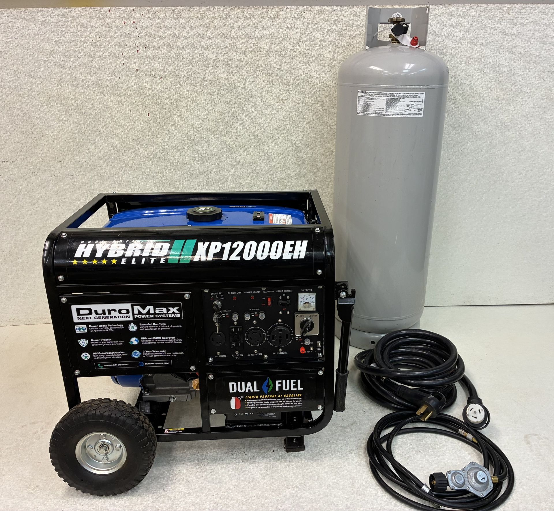 New Whole House Dual Fuel Generator With Large Propane Tank And Power Cord
