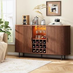 63" Fluted Wine Bar Cabinet with LED Light Walnut Liquor Coffee Bar Cabinet, with Wine Rack and Glass Holder, Mid-Century Modern Style, for Living Roo