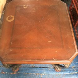 Square Table.  With Gorgeous Metal Legs But Table Has Ring Around The Glass Ware Marks. And 2 Cloth Bar seats