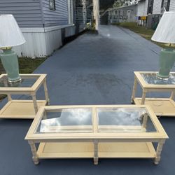 Coffee Table With Two End Ones With Lamps Set