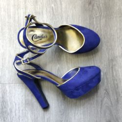Candie’s Blue and Gold Ankle Strap Pumps