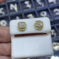 10k Square Shaped two Tone Diamond Gold Screwback Earrings