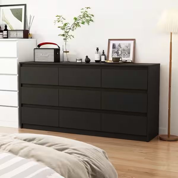 Black 9-Drawer Wood Chest of Drawers 31.5 in. H x 63 in. W x 15.7 in. D Storage Cabinet