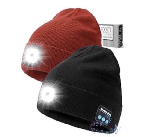 Bluetooth Beanie Hat with Light for Men 2 Pack, Rechargeable LED Beanie with Light, Headlamp Cap Wireless Headphones Built-in Speaker Mic for Teens St