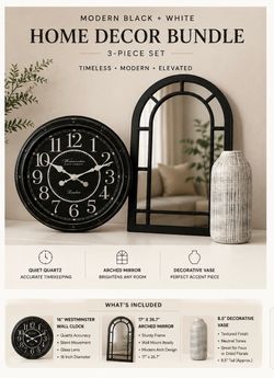 Modern Black + White Home Decor Bundle | 3-Piece Clock, Arch Mirror + Vase