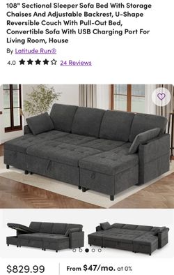 08” Gray Sectional Sleeper Sofa with Storage – Used Only 1 Month