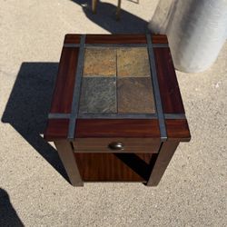 Wood & Slate Tile Side Table with Drawer – Excellent Condition