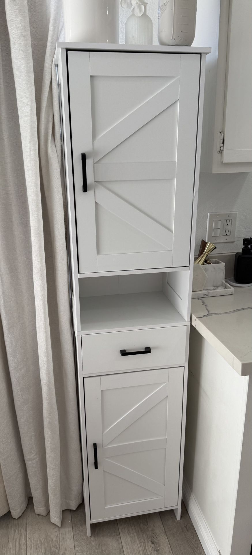 White Tall Storage Cabinet / Pantry – Slim Farmhouse Style