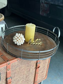 Round Wood and Metal Decorative Tray diameter 19 inches