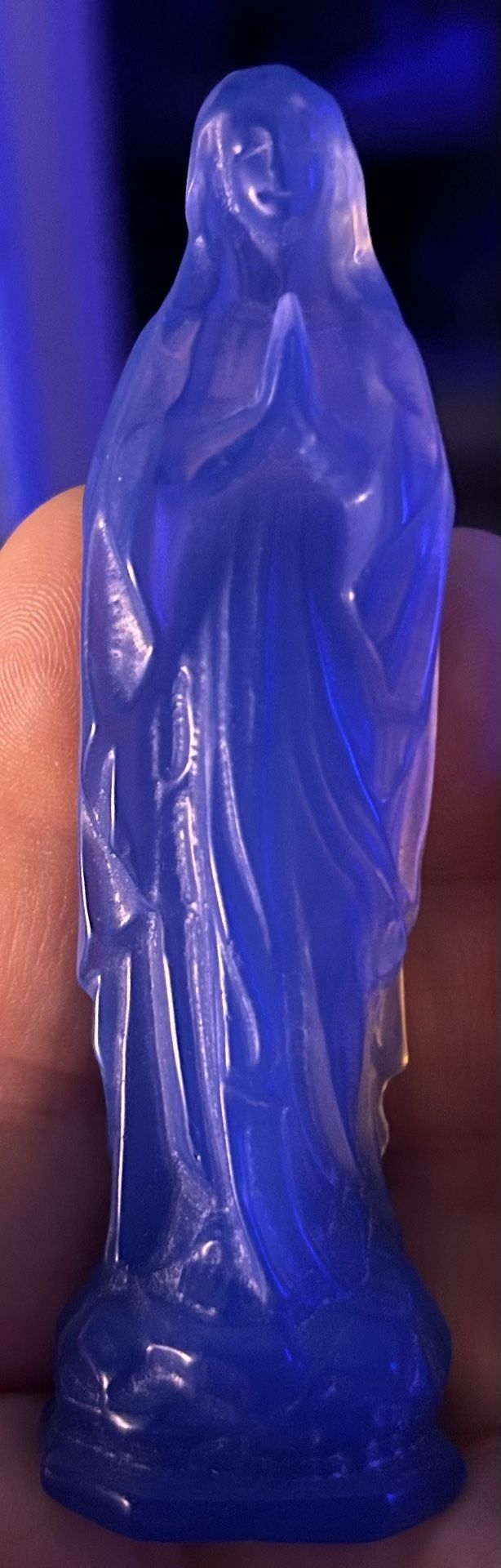 Hand Carved Blue Quartz Virgin Mary Religious Figurine