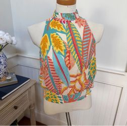 Christian Siriano Womens Tropical Floral Mock Neck Smocked Blouse Top XS