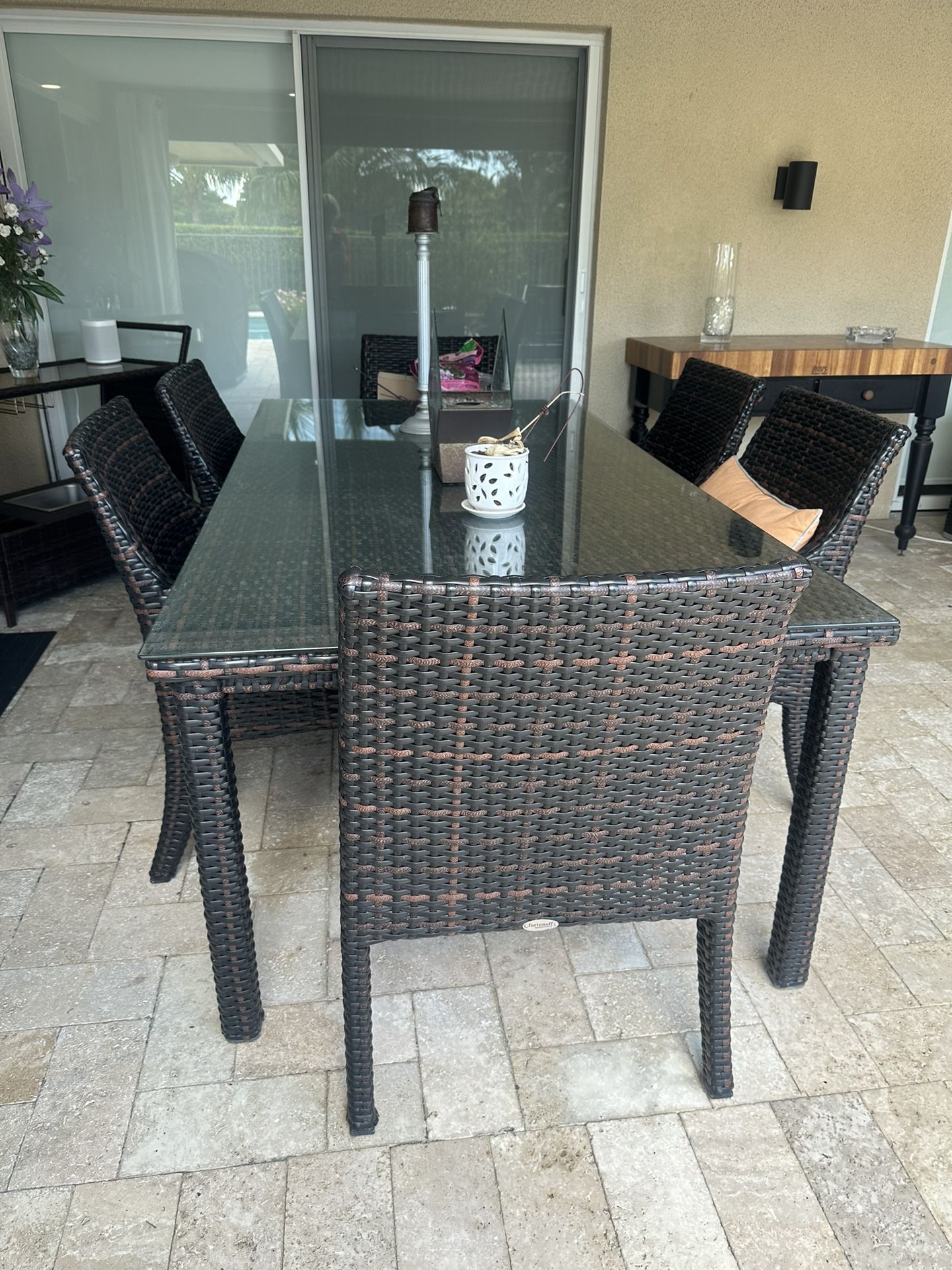 Fortunoff Siesta Aged Outdoor Wicker Dining Table Set 7pcs With