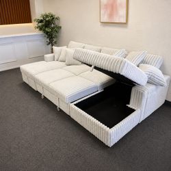 SILVER Corduroy U-Shaped Pull Out Sectional Sofa w/ Storage Chaises w/ USB + Pillows