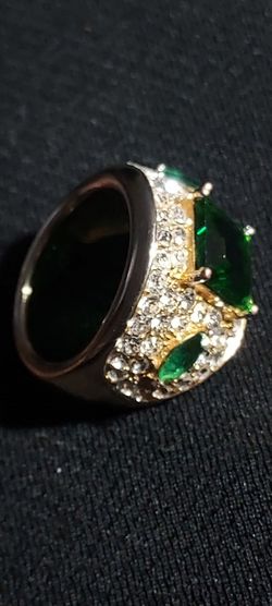 Gold-Tone Ring with Green Stones and Crystals