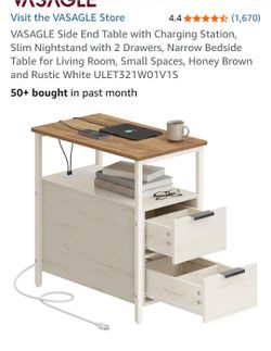 VASAGLE Side End Table with Charging Station, Slim Nightstand with 2 Drawers, Narrow Bedside Table for Living Room, Small Spaces, Honey Brown and Rust