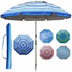 Blissun 7.2' Portable Beach Umbrella with Sand Anchor, Tilt Pole, Carry Bag, Air Vent, Blue & White