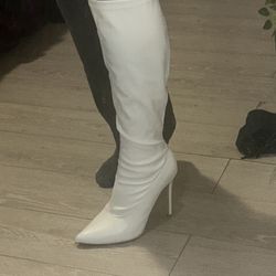 **Brand New White Stretch Knee High Boots
