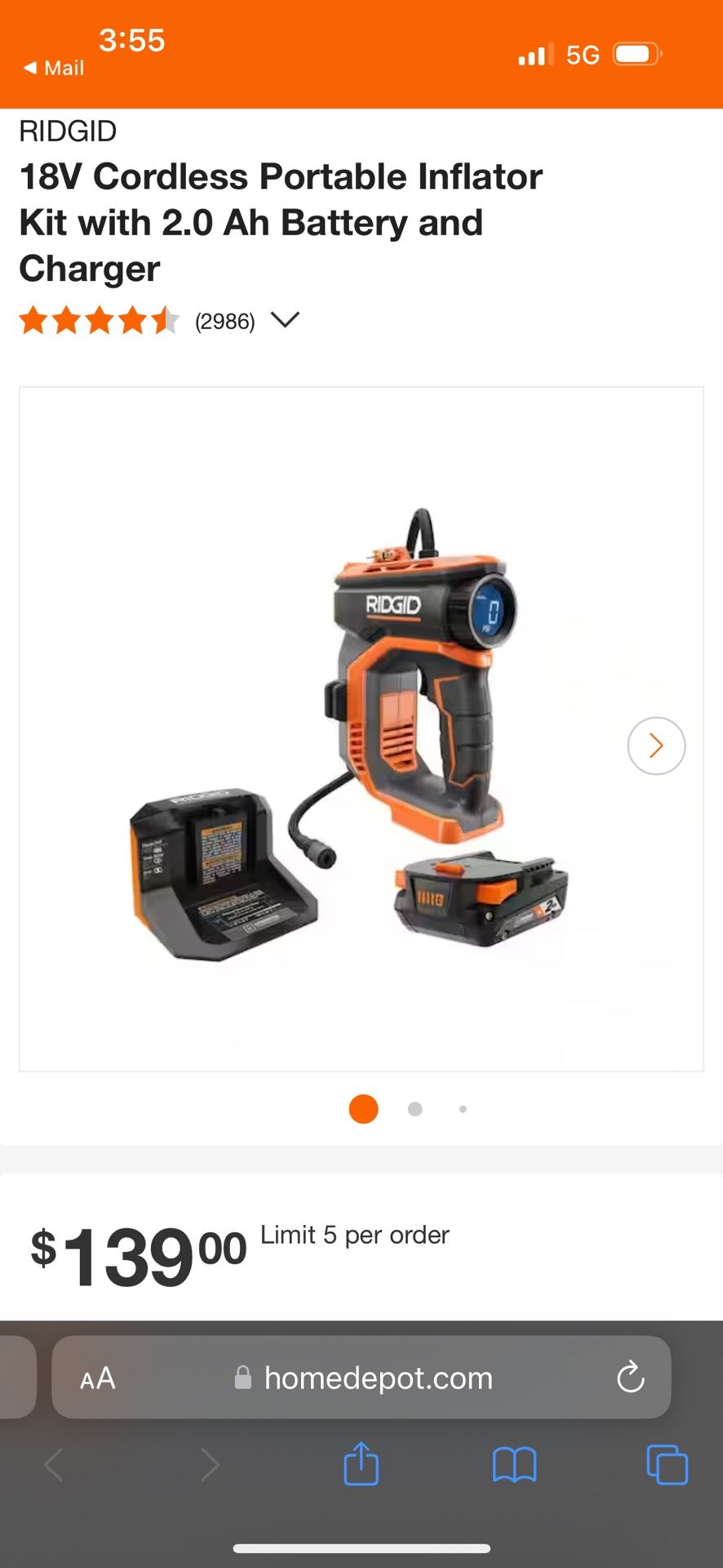 18V Cordless Portable Inflator Kit with 2.0 Ah Battery and Charger (NEW)
