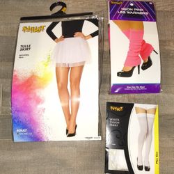 Tulle Skirt (Adult Sm/Md 4-8), Neon Pink Leg Warmers, & White Thigh High (Plus Size)