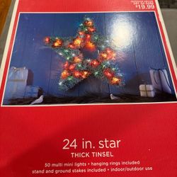 24" Thick Tinsel lighted star, rings,stand, ground stakes included