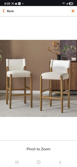 Natural and White Wood Frame Bar Stools with Fabric Seat, Set of 2