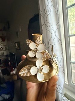 Gold Metal Candle Holder with White Flowers