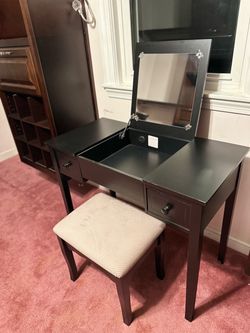 Dark Wood Vanity Table with Mirror and Stool