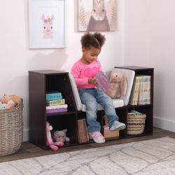 Kid’s Wooden Bookcase with Cushioned Reading Nook Storage