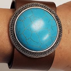 Western Wide Leather Large Faux Turquoise Boho Statement Bracelet